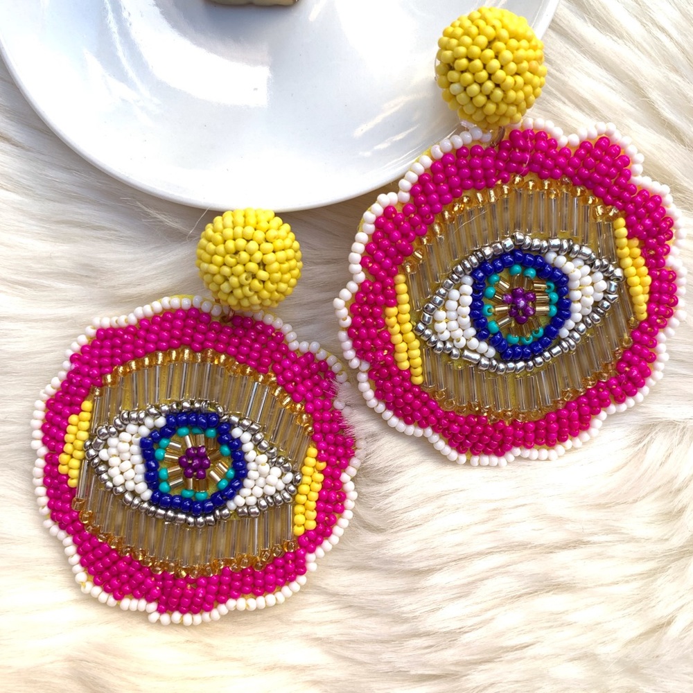 Handmade Boho beaded evil eye earrings - Picture 5 of 6